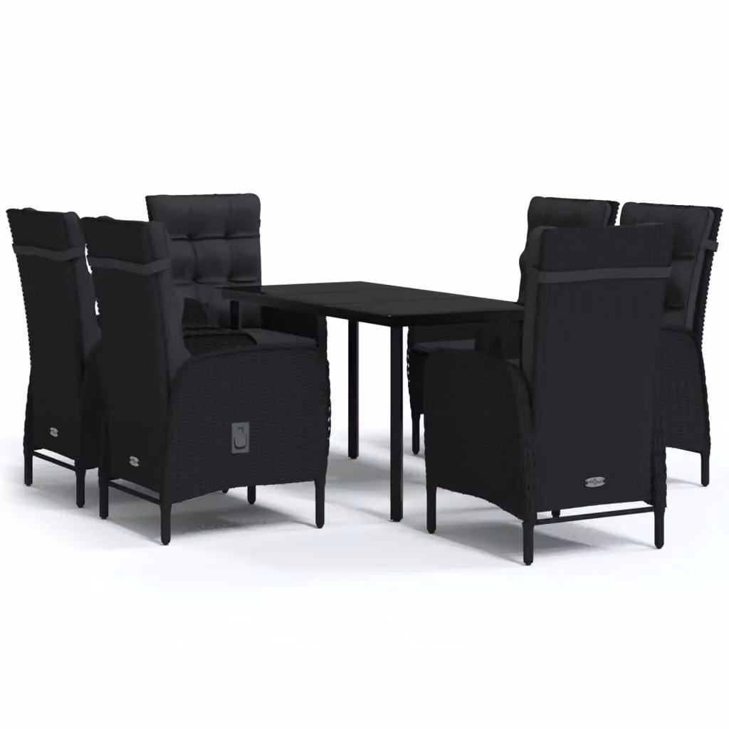 Set da pranzo da giardino vidaXL in polyrattan nero con tavolo in vetro e cuscini, 7 pezzi – 2
