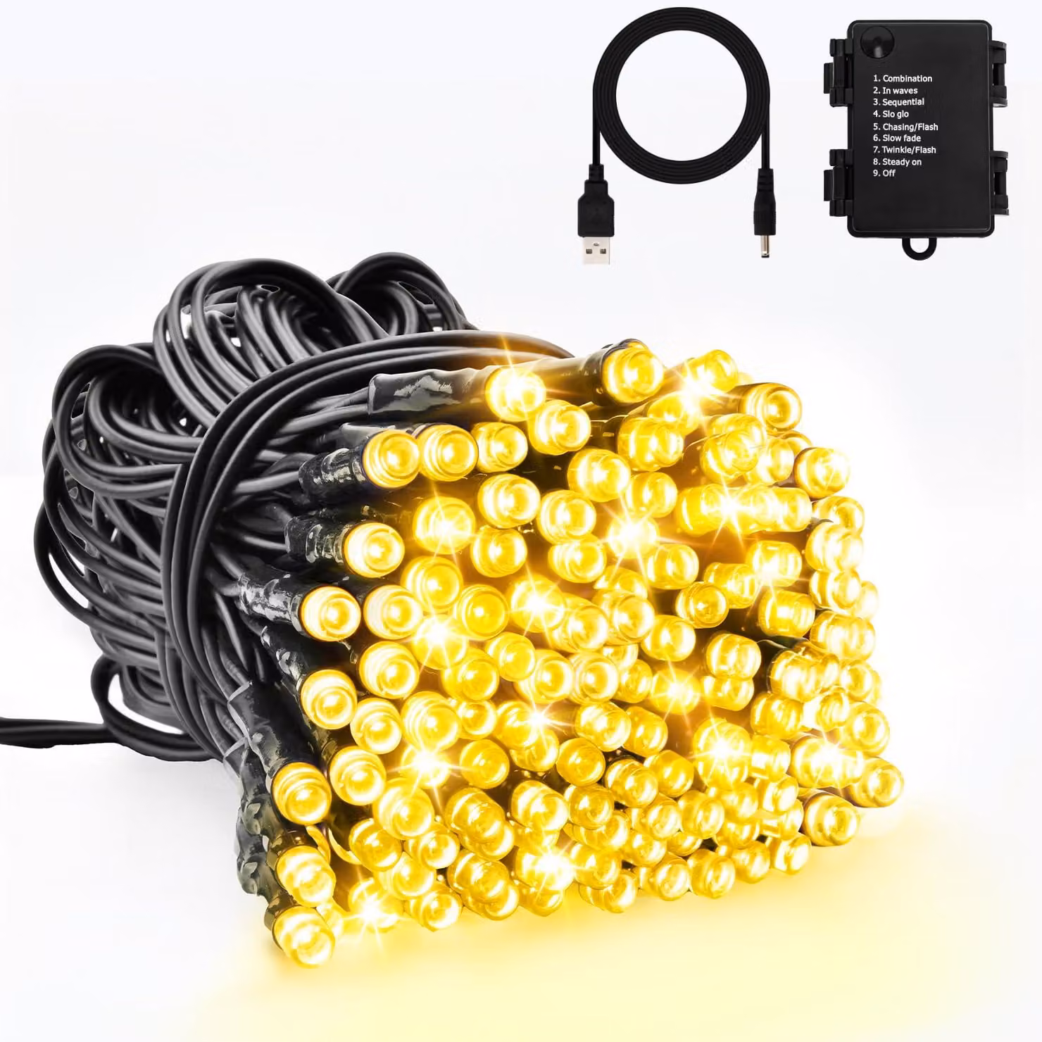 Catena luminosa a LED, 5 metri, 50 LED bianco caldo, con timer, grado di protezione IP65, colore nero