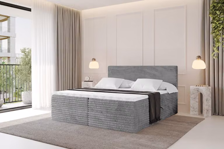 Letto boxspring ALTDECOR - TOLO-v1 120x200 in velluto a coste - Grigio chiaro - Set completo con materasso a molle Bonell e topper, letto imbottito con materasso H3 e cassetti, rete a doghe, letto con contenitore, letto matrimoniale, letto a cassettone