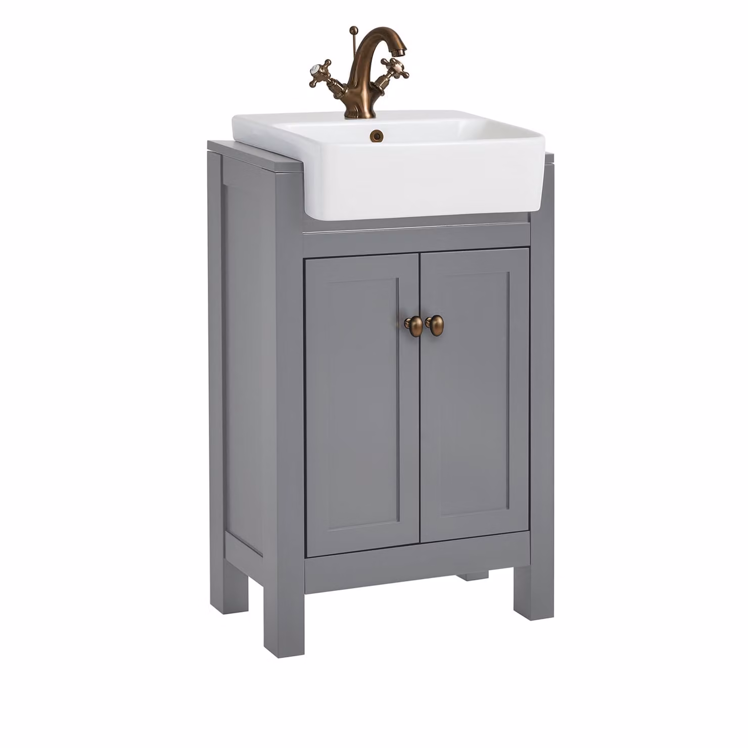 Mobile Bagno Grigio Chiaro da 550mm con Lavabo e Maniglia Classica Rotonda in Rame Satinato - Warwick