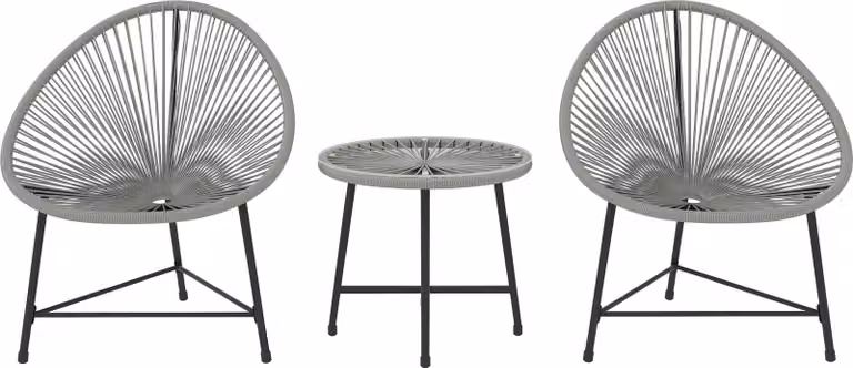 Set di mobili da giardino in 3 pezzi, 2 sedie in rattan sintetico, 1 tavolo con piano in vetro, struttura in acciaio, sedute da esterno, grigio