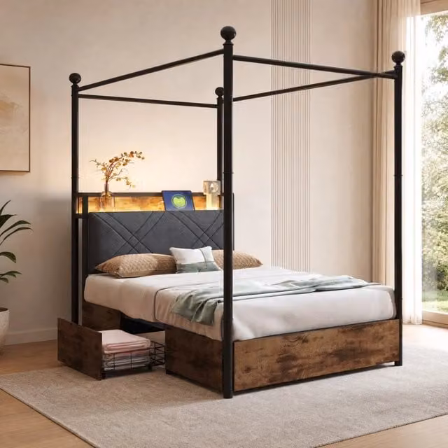 Letto Mivray con baldacchino rimovibile, cassetti, illuminazione LED e ricarica USB Type-C, colore nero, L/P/H: 90 x 190 x 208,6 cm