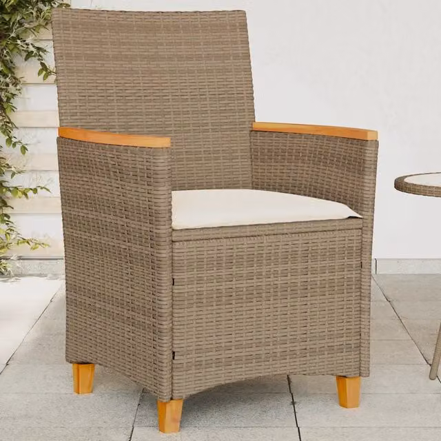 Set di 2 sedie da giardino vidaXL in polyrattan e legno di acacia con cuscini beige e braccioli