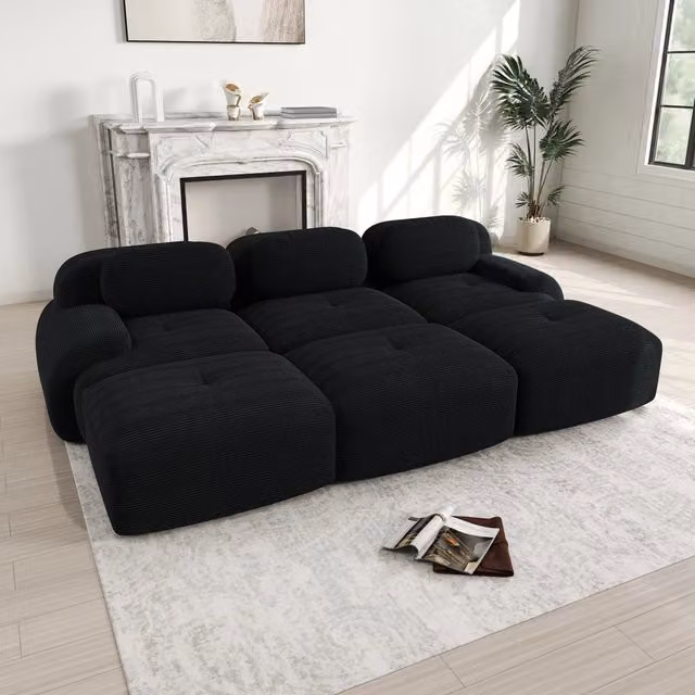 Divano Modulare L-Shape MINIMAL Nero con 3 Poggiapiedi in Tessuto a Coste e Braccioli Ultra-Larghi