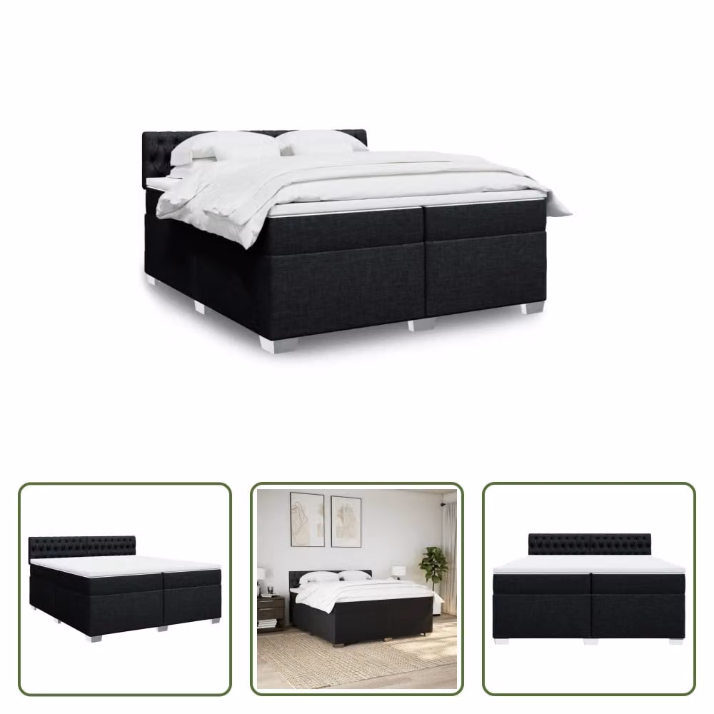 The Living Store Letto a molle con materasso nero 200x200 cm in tessuto