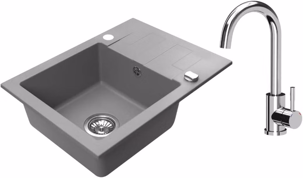 VBChome Lavello in granito 59 x 44 cm Grigio con rubinetto Lavello da incasso a vasca singola Reversibile Speckled Lavello di facile manutenzione con sifone