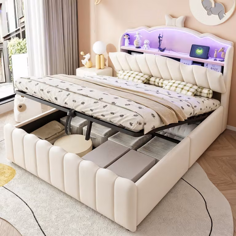 Letto per bambini okwish 140x200 con materasso e contenitore, letto imbottito con poggiatesta dotato di LED e spazio contenitivo, letto per adolescenti con prese USB e USB-C, color beige