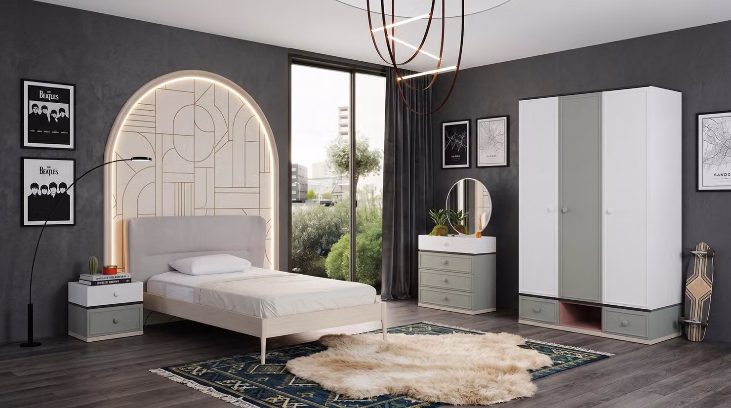 Camera da letto per adolescenti in tonalità grigio: letto, armadio, cassettiera, comodini, design moderno