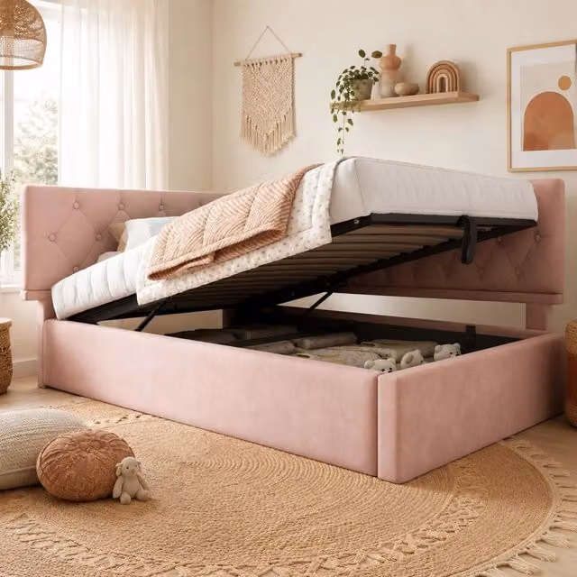 Divano letto a L 90x190 cm in velluto rosa con contenitore idraulico