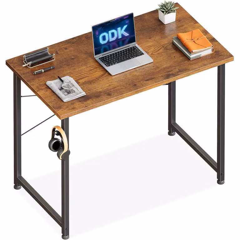 Scrivania con supporto per cuffie, scrivania in legno per ufficio, colore marrone, dimensioni 80x40 cm