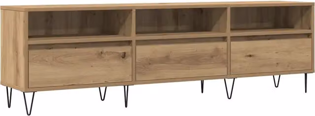 Mobile TV moderno in legno di rovere e metallo stile industrial marrone con ampio spazio contenitivo L: 150 cm, P: 30 cm, H: 44,5 cm – 1