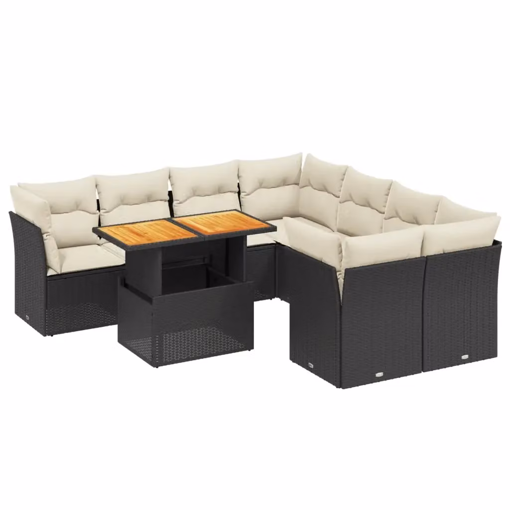 vidaXL Set Divani da Giardino 9 pz in Polyrattan con Cuscini e Tavolino da Esterno Nero – 2