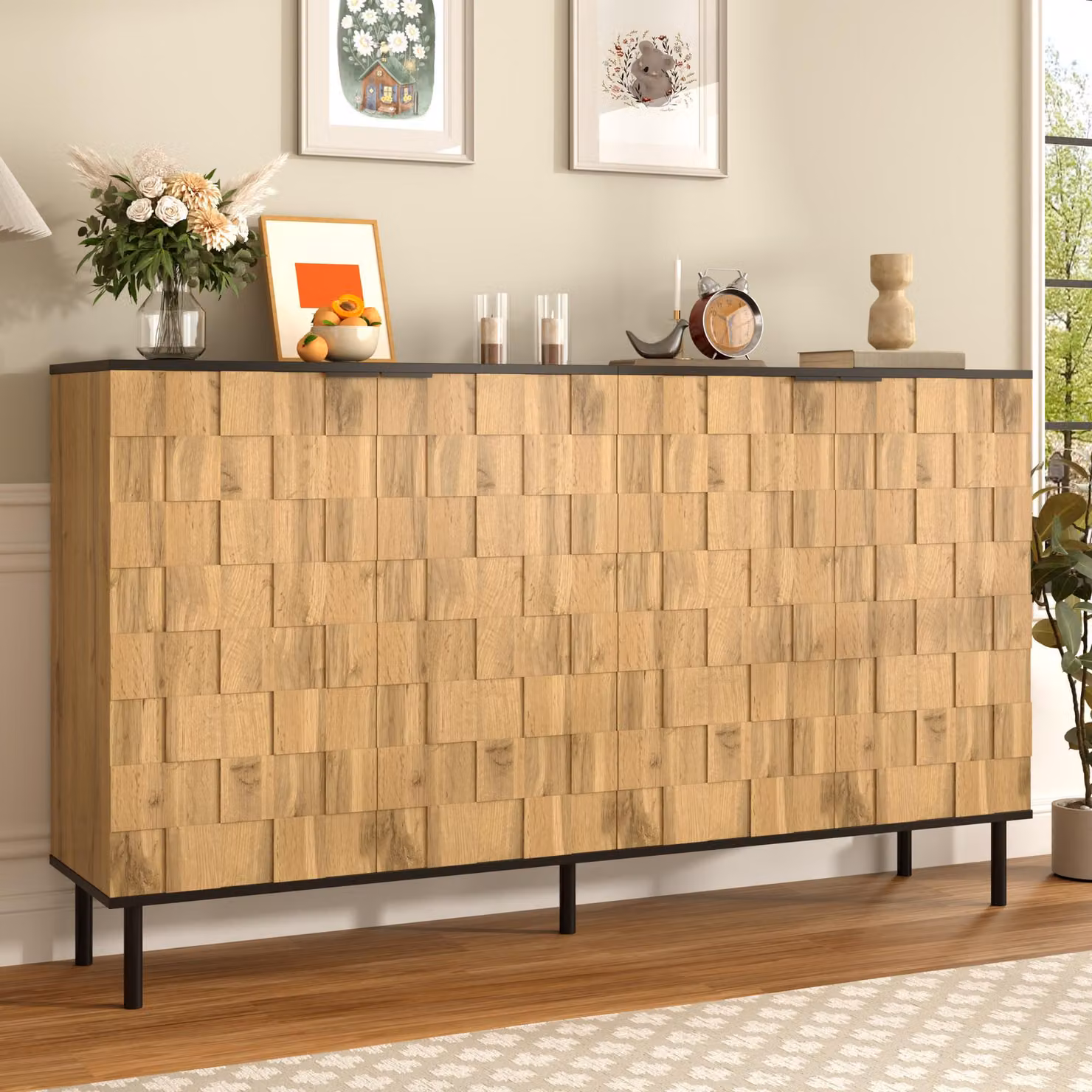 Credenza Merax Mosaik a 2 ante effetto legno, cassettiera in truciolato con piedini in metallo, spazio contenitivo per soggiorno, ingresso e sala da pranzo, naturale