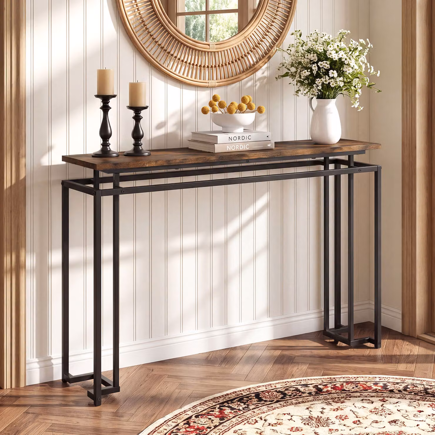 Tavolo consolle moderno Costway con piano effetto marmo marrone e struttura geometrica in metallo oro, L: 120 cm