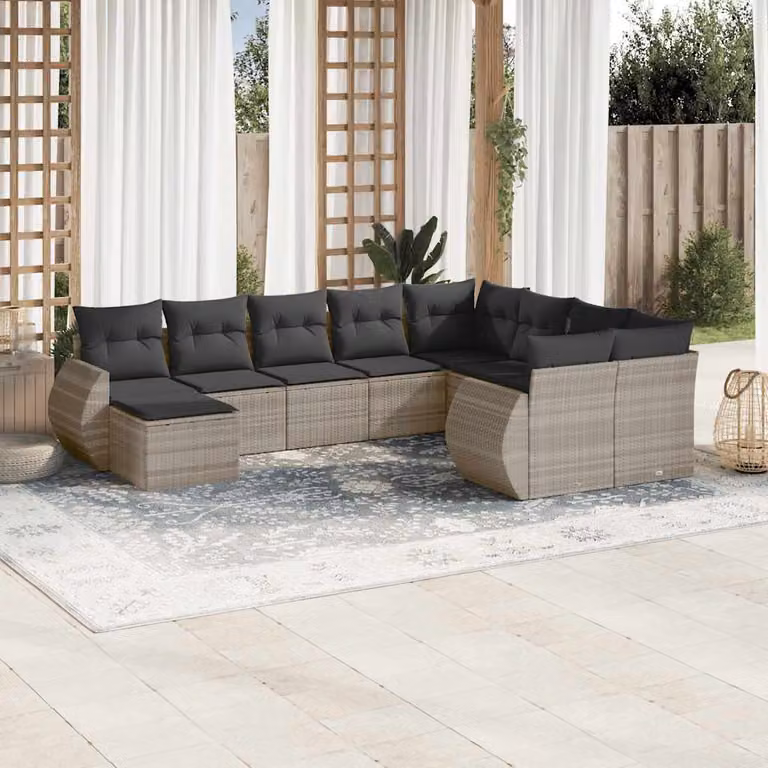 vidaXL Set Divano da Giardino 10 pz in Polyrattan Grigio con Cuscini e Tavolino