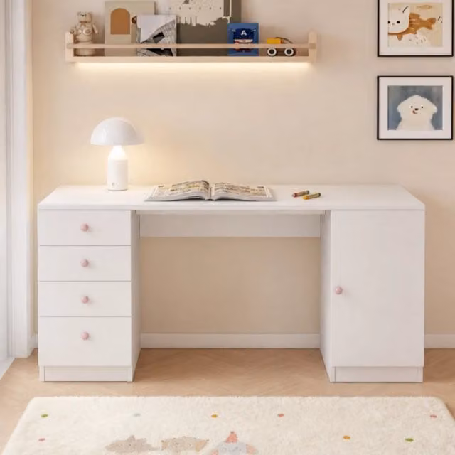 Scrivania per bambini MIVRAY con 4 cassetti e armadietto in MDF bianco o rosa L: 155 cm, P: 45 cm, H: 74 cm