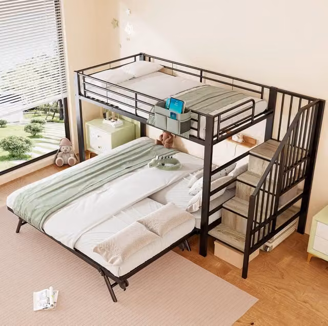 Letto a castello ULEVR 90x200 cm in metallo con letto estraibile, scalini contenitore e tasca, nero