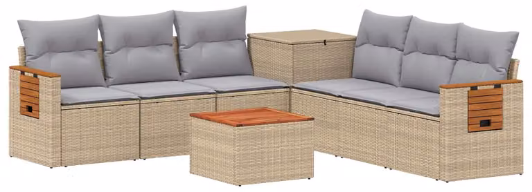 Set di divani da esterno, 8 pezzi. Colore: beige e grigio chiaro. Materiali: rattan sintetico e acciaio