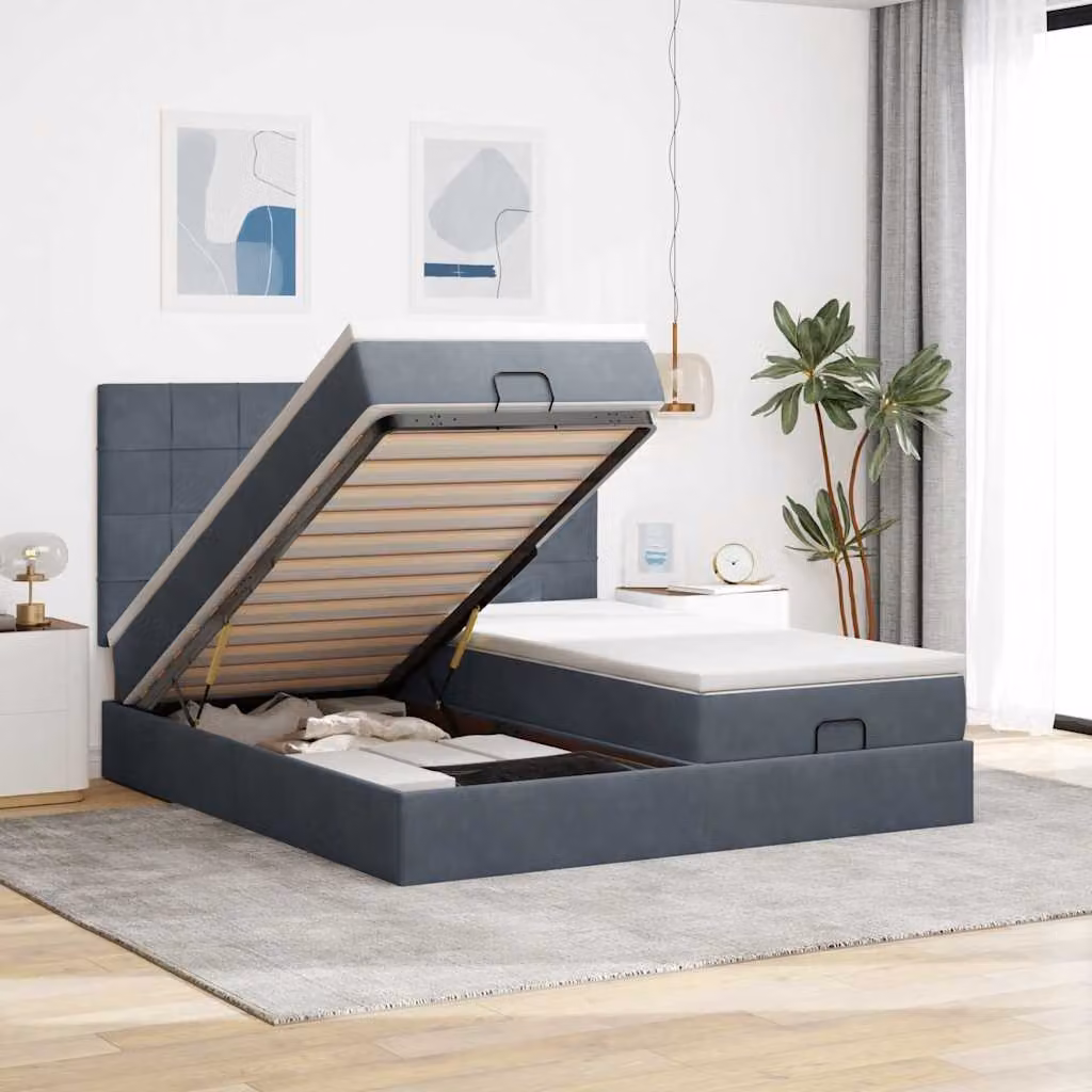Letto con Pouf e Materasso vidaXL in Velluto con Base a Sollevamento, Luci Sotto il Letto e Porte USB, L/P/H: 180 x 200 x 128 cm