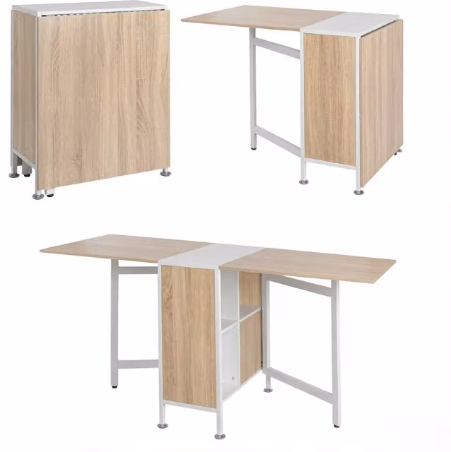 Tavolo da pranzo allungabile con ripiano, design moderno in rovere chiaro e bianco, dimensioni 170x60x75 cm