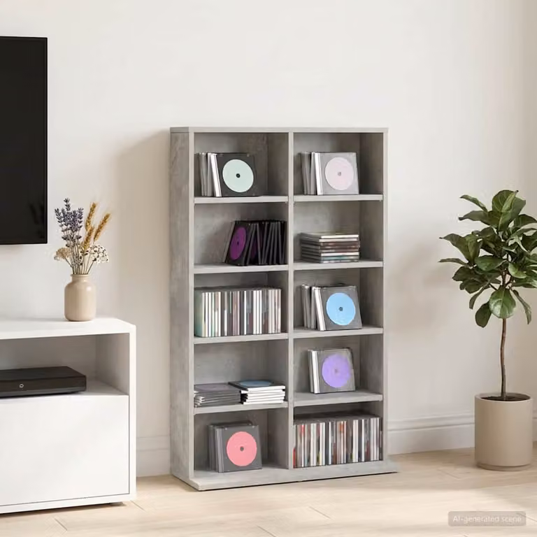 Mobile per CD vidaXL Grigio Cemento con ripiani regolabili, L 65 x P 23,5 x H 97,5 cm