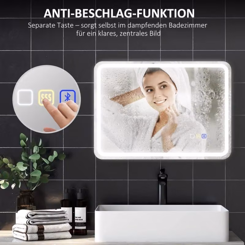 Specchio da bagno REDOM in vetro argento con illuminazione LED, funzione Bluetooth, touch e antinebbia, L: 80 cm, P: 58,5 cm – 2
