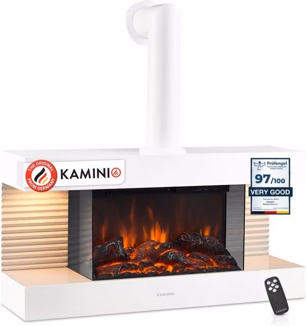 KAMINIO Camino elettrico LIZ con tubo del camino - Camino da parete con riscaldamento, fiamma 3D, luce ambiente a LED, telecomando - Bianco