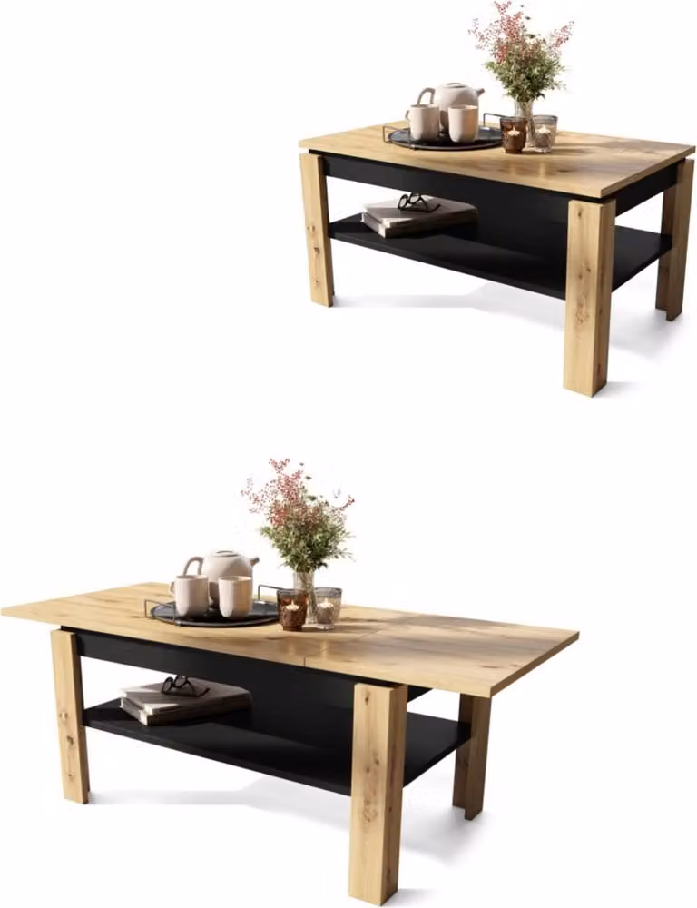 Tavolino da salotto All4All Asti, R, tavolino da salotto, tavolino da caffè con vano portaoggetti, tavolino da divano con ripiano, allungabile fino a 140 cm, 100x60 cm, Artisan+ Nero