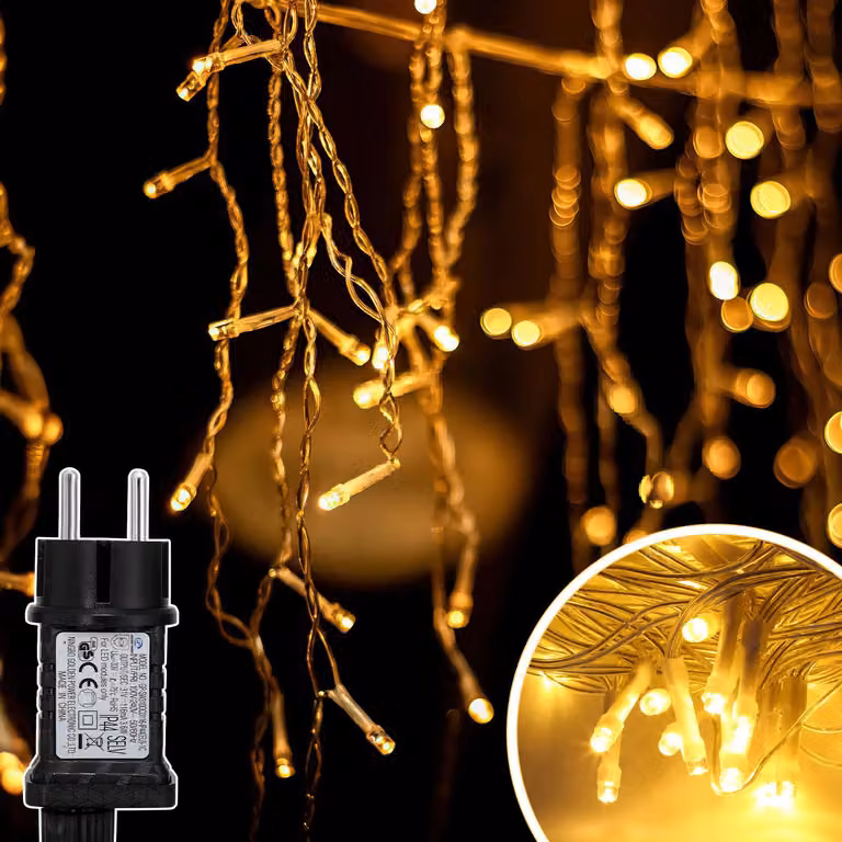Ikodm, decorazioni natalizie a cascata di luci, 200 LED, lunghezza totale 5 metri (5 metri di luci + 5 metri di cavo di alimentazione), luce bianca calda, tenda luminosa con 8 modalità, ideale per decorazioni natalizie interne, per Natale e per feste