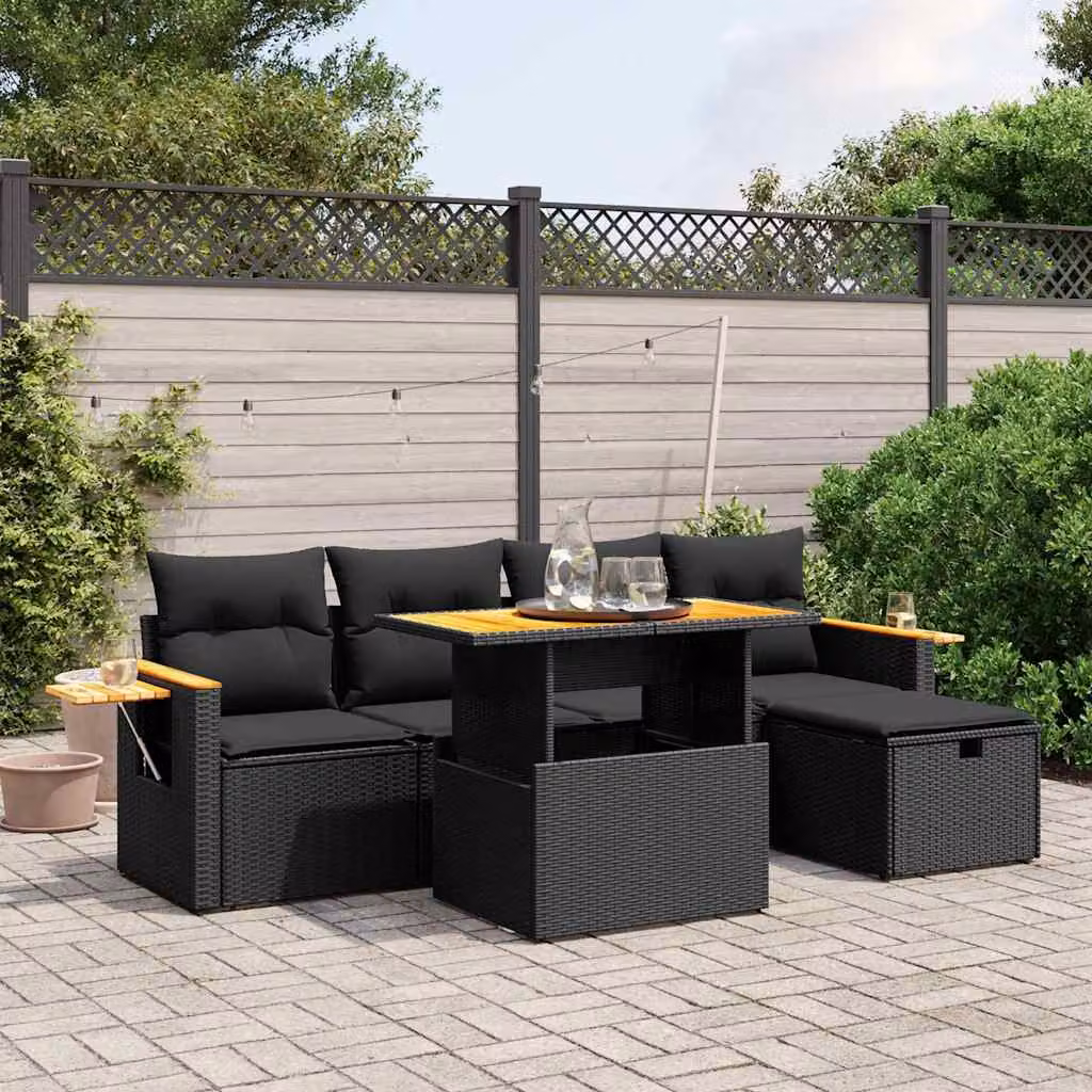 Set Divano da Giardino vidaXL 6 pz a L con Cuscini Nero in Polyrattan e Tavolino da Esterno – 1