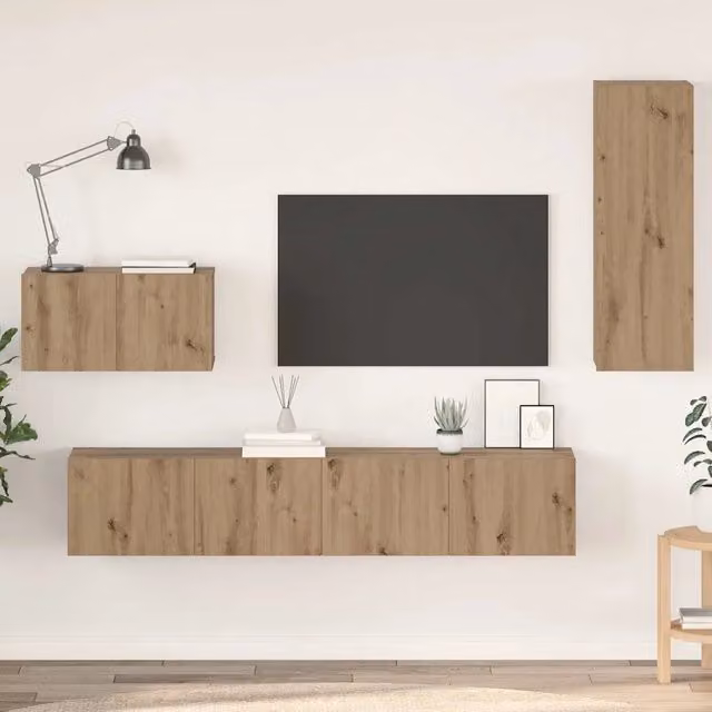 Mobile TV da Parete 4 pz-Credenza per TV sospesa Rovere artigianale Legno multistrato 856585