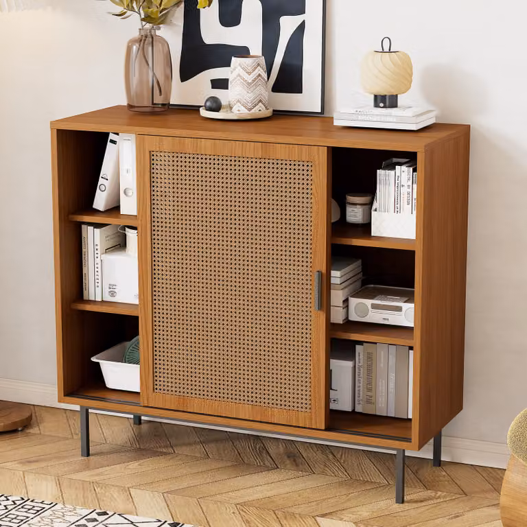 Cassettiera MERAX con ripiani regolabili e ante scorrevoli in midollino rattan, credenza a 6 scomparti