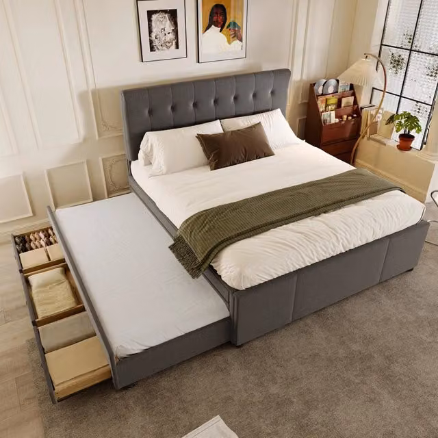 Letto matrimoniale estraibile 140 × 200 cm, 3 cassetti e testiera regolabile, senza materasso, lino grigio