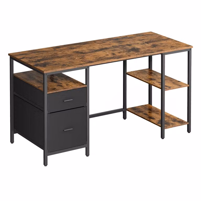 Scrivania con 3 Ripiani 2 Cassetti per Ufficio, Marrone Vintage + Nero / 140 x 60 cm