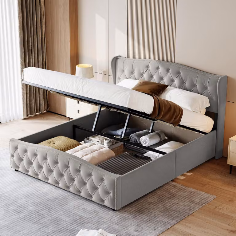 Letto imbottito 140x190 cm con spazio contenitore, letto in velluto con rete a doghe, letto matrimoniale con testiera imbottita, stile Chesterfield, struttura del letto grigia, senza materasso