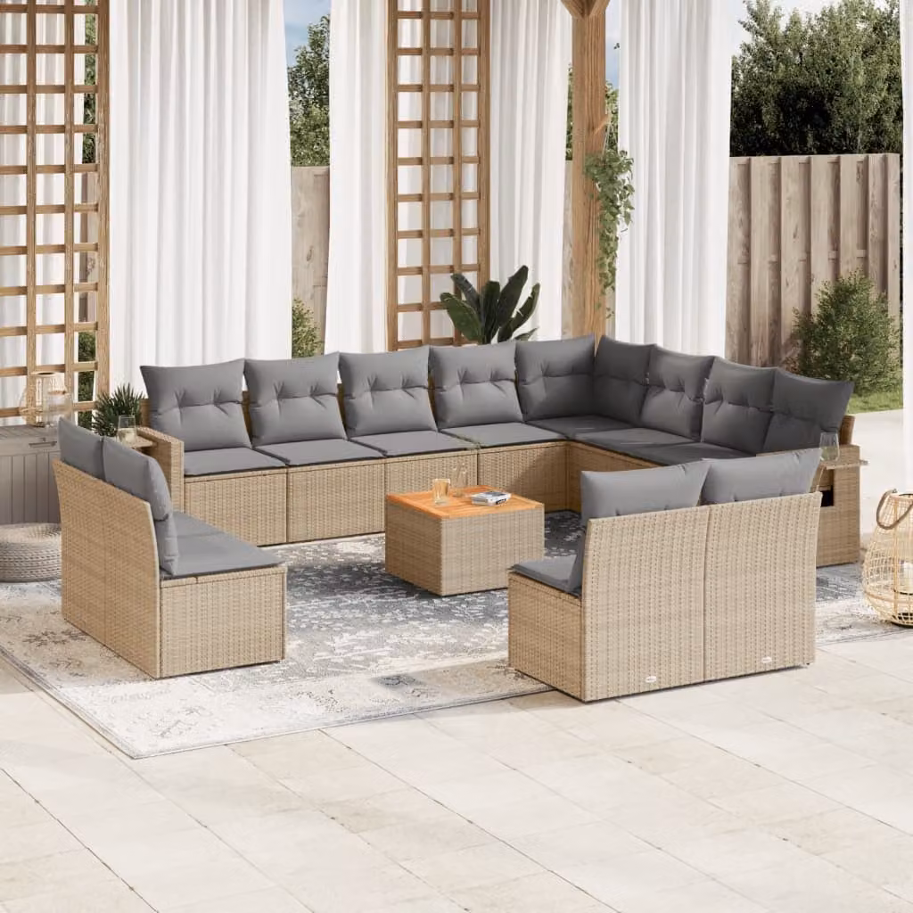 vidaXL Set Divano da Giardino 13 pz a Forma di L in Polyrattan con Cuscini Beige e Grigio – 1
