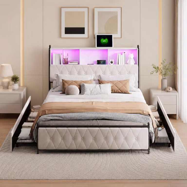 Letto matrimoniale INONEFT 140x200 cm con 4 cassetti, letto imbottito con illuminazione LED e porte USB e Type-C, struttura letto per giovani con rete a doghe, tessuto velluto, colore beige
