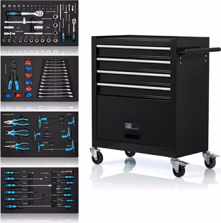 Carrello da officina con 70 utensili - 4 cassetti + ampio vano - Cassetti con cuscinetti a sfera - 2 ruote con freno di stazionamento