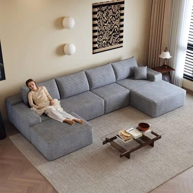 Divano angolare con chaise longue 5 posti grigio, rivestimento in velluto a coste, 340 x 175 x 83 cm