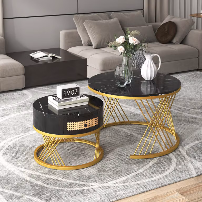 Merax set di 2 tavolini in marmo con ripiano rotondo Ø70 x 45 cm e Ø50 x 38,5 cm, tavolino con cassetto e struttura in metallo dorato, tavolo da salotto tavolo da divano