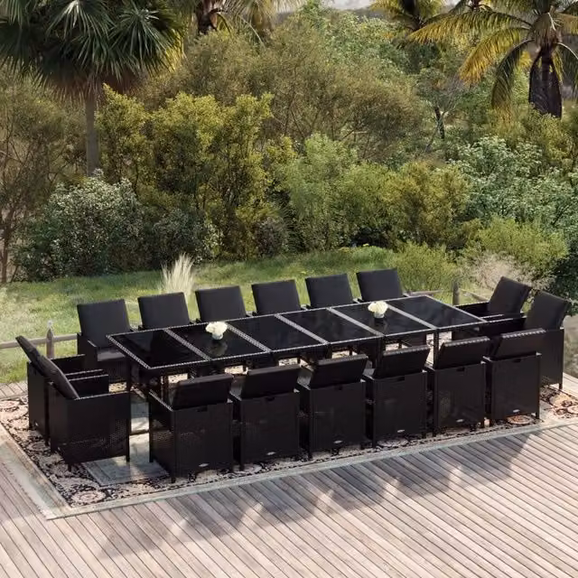Set da pranzo per giardino vidaXL da 17 pezzi in polyrattan nero con piano in vetro