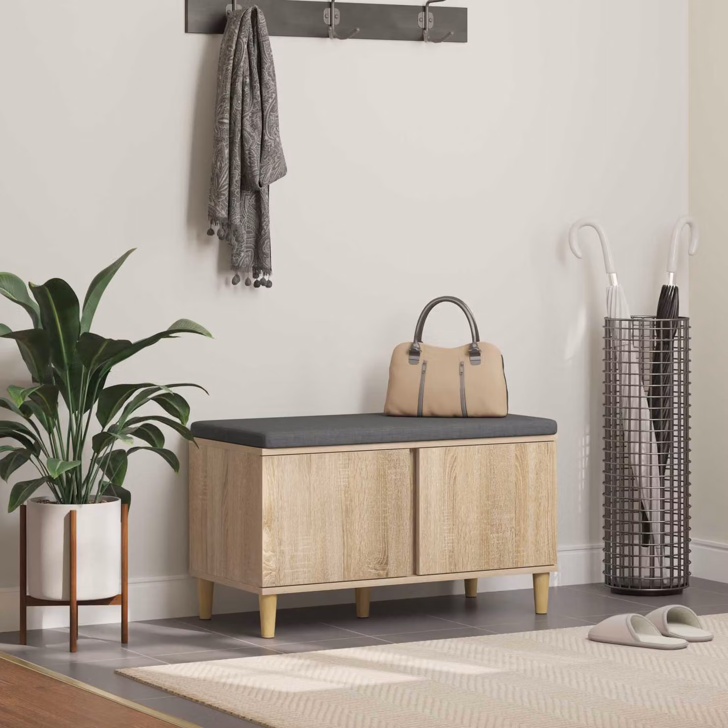 Panca per ingresso con scarpiera vidaXL in Rovere Sonoma con cuscino marrone L 80 cm, P 38 cm, H 46 cm