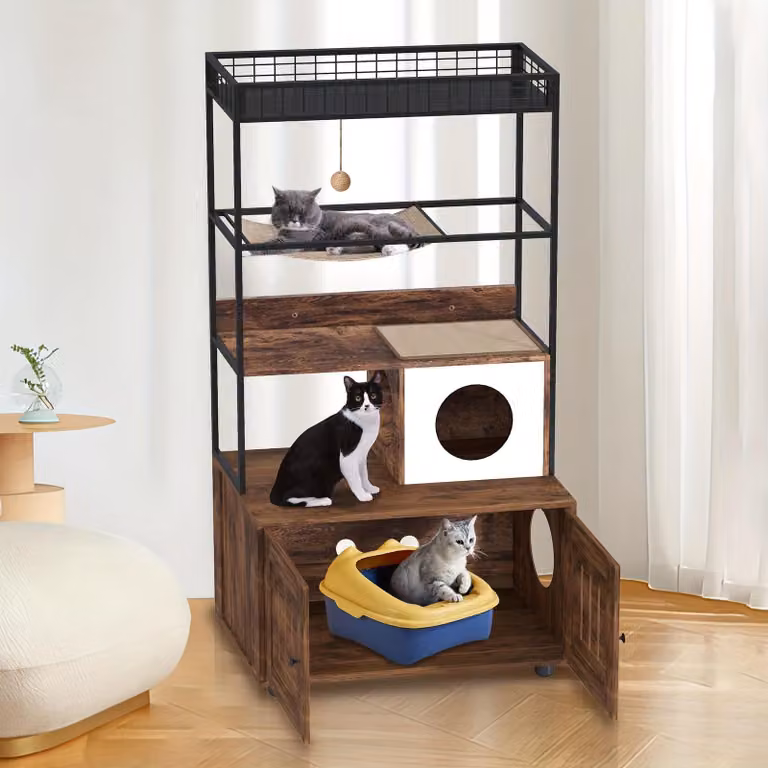Mobiletto per lettiera - Con ripiano portaoggetti e amaca - Realizzato in legno e ferro - Cuccia per gatti - Colore marrone