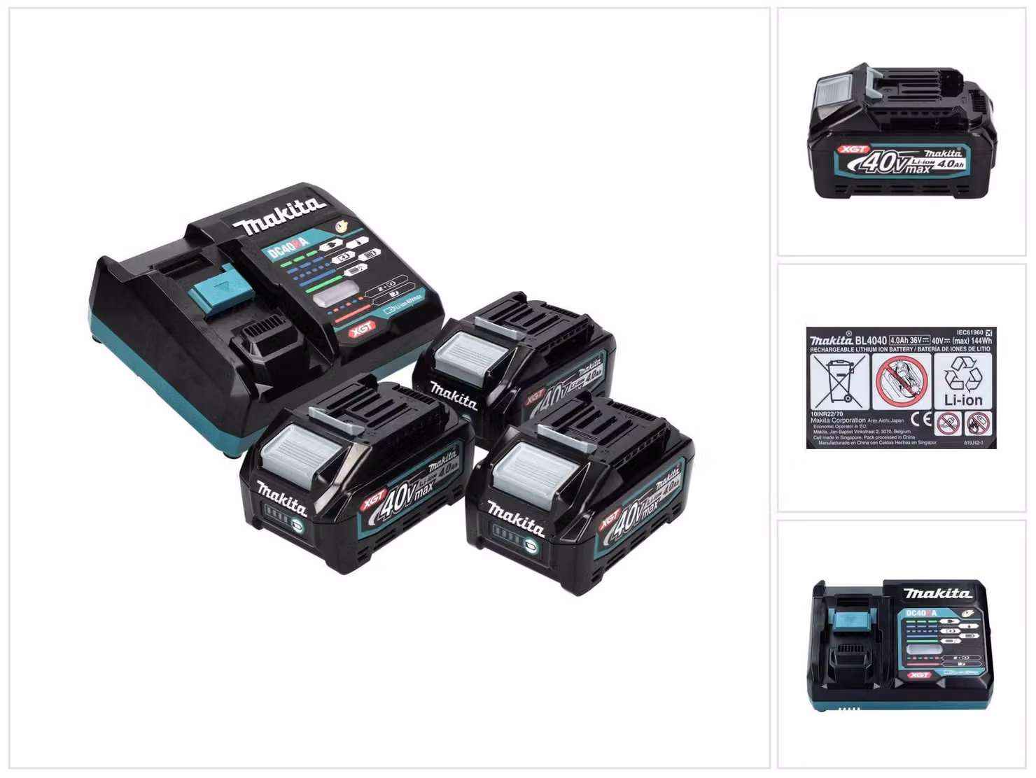 Kit di alimentazione Makita 40 V max. con 3 batterie BL 4040 da 4,0 Ah XGT ( 3x 191B26-6 ) + caricabatterie rapido DC 40 RA XGT LXT ( 191E07-8 )