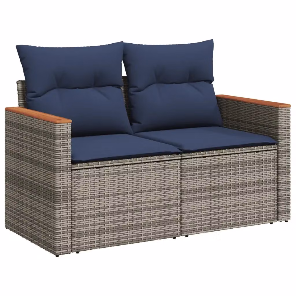 Divano da giardino a 2 posti vidaXL in polyrattan grigio e blu con cuscini imbottiti e coperture rimovibili L: 124 cm, P: 69 cm, H: 62 cm – 2