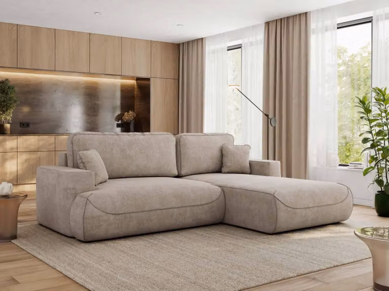 MKS MEBLE divano angolare OVO con funzione letto e box letto, struttura beige, divano a L, divano angolare a 4 posti, 271x195x95 cm - lato destro