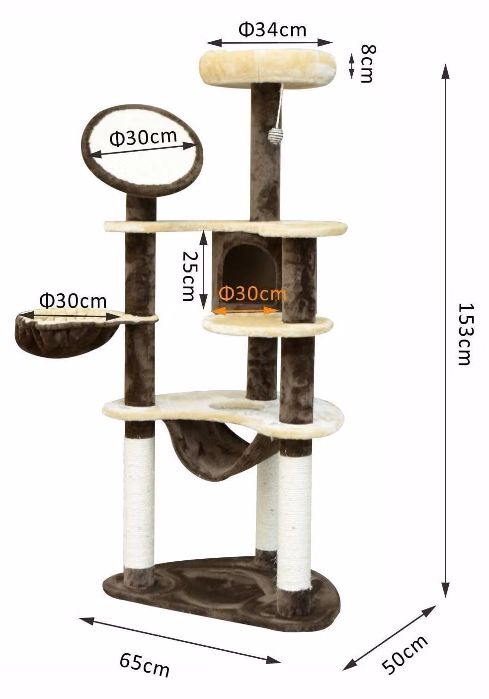Albero per gatti con fusto in sisal e aree per grattare | Colore: Marrone | Dimensioni: 25,59 x 19,69 x 60,2 cm