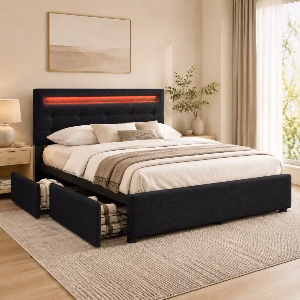 Letto matrimoniale REDOM in tessuto nero con illuminazione LED sottostante e cassetti L/P/H: 140 x 200 x 208 cm – 2