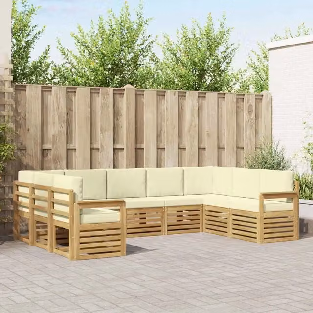 Set di divani da esterno 7 pezzi vidaXL in legno di acacia con cuscini bianchi e beige – 1