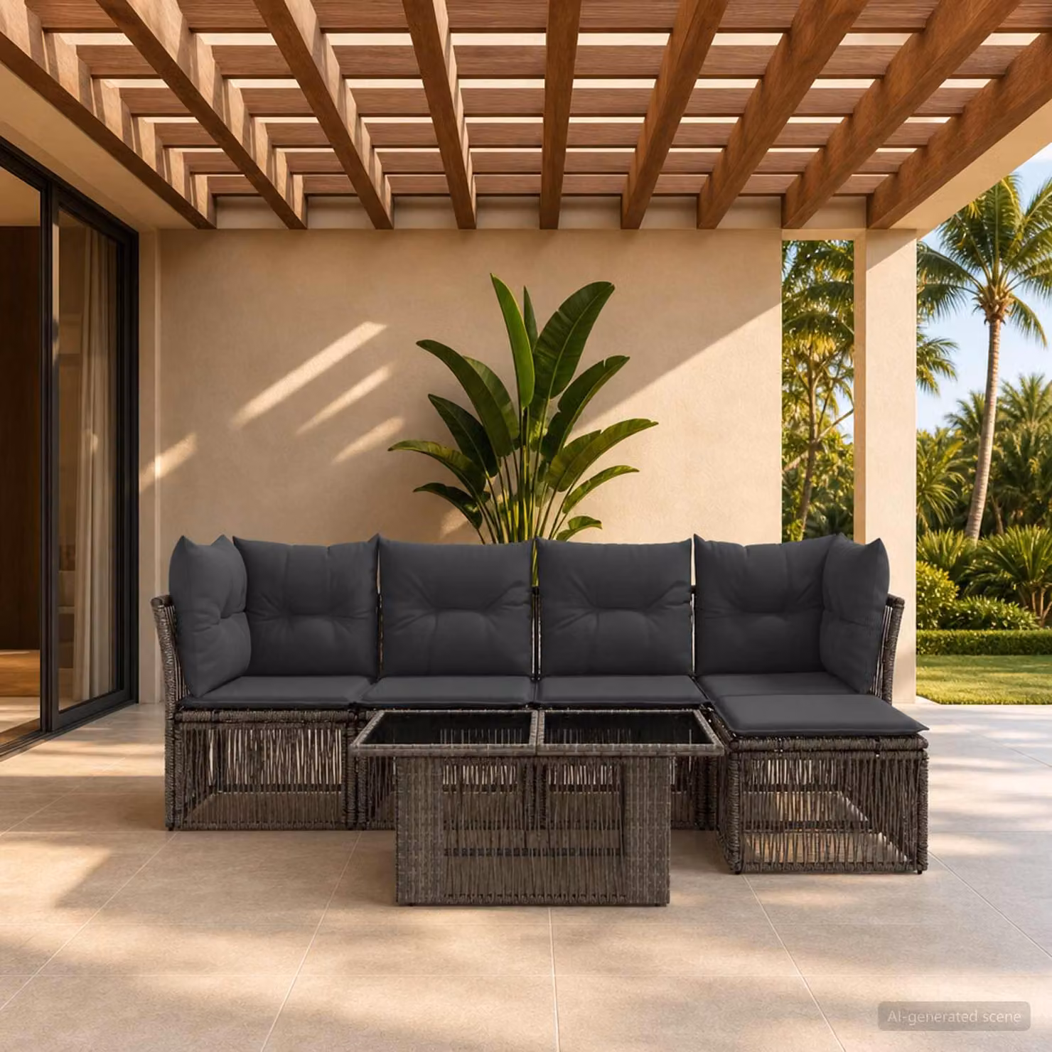 Set da giardino moderno vidaXL in polyrattan grigio composto da 6 pezzi con divano ad angolo, tavolino da caffè e pouf con cuscini inclusi